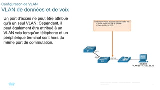 37
©2021 Cisco et/ou ses filiales. Tous droits réservés. Informations
confidentielles
Configuration de VLAN
VLAN de données et de voix
Un port d'accès ne peut être attribué
qu'à un seul VLAN. Cependant, il
peut également être attribué à un
VLAN voix lorsqu'un téléphone et un
périphérique terminal sont hors du
même port de commutation.
 