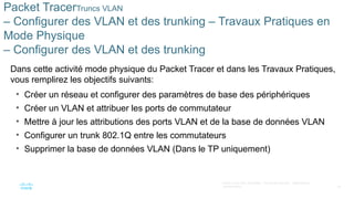 50
©2021 Cisco et/ou ses filiales. Tous droits réservés. Informations
confidentielles
Packet TracerTruncs VLAN
– Configurer des VLAN et des trunking – Travaux Pratiques en
Mode Physique
– Configurer des VLAN et des trunking
Dans cette activité mode physique du Packet Tracer et dans les Travaux Pratiques,
vous remplirez les objectifs suivants:
• Créer un réseau et configurer des paramètres de base des périphériques
• Créer un VLAN et attribuer les ports de commutateur
• Mettre à jour les attributions des ports VLAN et de la base de données VLAN
• Configurer un trunk 802.1Q entre les commutateurs
• Supprimer la base de données VLAN (Dans le TP uniquement)
 