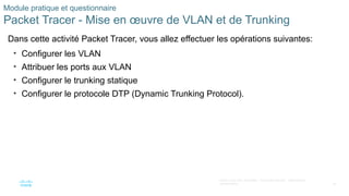 58
©2021 Cisco et/ou ses filiales. Tous droits réservés. Informations
confidentielles
Module pratique et questionnaire
Packet Tracer - Mise en œuvre de VLAN et de Trunking
Dans cette activité Packet Tracer, vous allez effectuer les opérations suivantes:
• Configurer les VLAN
• Attribuer les ports aux VLAN
• Configurer le trunking statique
• Configurer le protocole DTP (Dynamic Trunking Protocol).
 