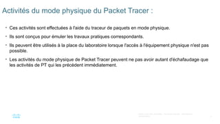 6
©2021 Cisco et/ou ses filiales. Tous droits réservés. Informations
confidentielles
Activités du mode physique du Packet Tracer :
• Ces activités sont effectuées à l'aide du traceur de paquets en mode physique.
• Ils sont conçus pour émuler les travaux pratiques correspondants.
• Ils peuvent être utilisés à la place du laboratoire lorsque l'accès à l'équipement physique n'est pas
possible.
• Les activités du mode physique de Packet Tracer peuvent ne pas avoir autant d'échafaudage que
les activités de PT qui les précèdent immédiatement.
 