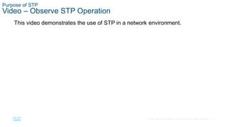 11
© 2016 Cisco and/or its affiliates. All rights reserved. Cisco Confidential
Purpose of STP
Video – Observe STP Operation
This video demonstrates the use of STP in a network environment.
 