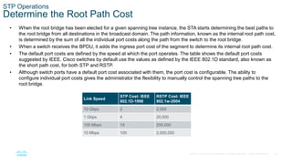 18
© 2016 Cisco and/or its affiliates. All rights reserved. Cisco Confidential
STP Operations
Determine the Root Path Cost
• When the root bridge has been elected for a given spanning tree instance, the STA starts determining the best paths to
the root bridge from all destinations in the broadcast domain. The path information, known as the internal root path cost,
is determined by the sum of all the individual port costs along the path from the switch to the root bridge.
• When a switch receives the BPDU, it adds the ingress port cost of the segment to determine its internal root path cost.
• The default port costs are defined by the speed at which the port operates. The table shows the default port costs
suggested by IEEE. Cisco switches by default use the values as defined by the IEEE 802.1D standard, also known as
the short path cost, for both STP and RSTP.
• Although switch ports have a default port cost associated with them, the port cost is configurable. The ability to
configure individual port costs gives the administrator the flexibility to manually control the spanning tree paths to the
root bridge.
Link Speed
STP Cost: IEEE
802.1D-1998
RSTP Cost: IEEE
802.1w-2004
10 Gbps 2 2,000
1 Gbps 4 20,000
100 Mbps 19 200,000
10 Mbps 100 2,000,000
 