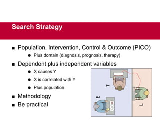  Population, Intervention, Control & Outcome (PICO)
 Plus domain (diagnosis, prognosis, therapy)
 Dependent plus independent variables
 X causes Y
 X is correlated with Y
 Plus population
 Methodology
 Be practical
18
Search Strategy
 