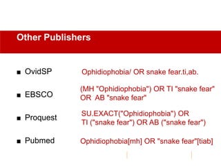  OvidSP
 EBSCO
 Proquest
 Pubmed
Other Publishers
Ophidiophobia/ OR snake fear.ti,ab.
(MH "Ophidiophobia") OR TI "snake fear"
OR AB "snake fear"
SU.EXACT("Ophidiophobia") OR
TI ("snake fear") OR AB ("snake fear")
Ophidiophobia[mh] OR "snake fear"[tiab]
 