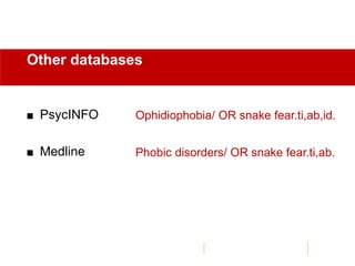  PsycINFO
 Medline
Other databases
Ophidiophobia/ OR snake fear.ti,ab,id.
Phobic disorders/ OR snake fear.ti,ab.
 