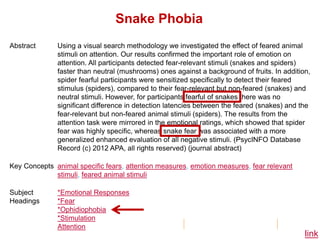 Abstract Using a visual search methodology we investigated the effect of feared animal
stimuli on attention. Our results confirmed the important role of emotion on
attention. All participants detected fear-relevant stimuli (snakes and spiders)
faster than neutral (mushrooms) ones against a background of fruits. In addition,
spider fearful participants were sensitized specifically to detect their feared
stimulus (spiders), compared to their fear-relevant but non-feared (snakes) and
neutral stimuli. However, for participants fearful of snakes there was no
significant difference in detection latencies between the feared (snakes) and the
fear-relevant but non-feared animal stimuli (spiders). The results from the
attention task were mirrored in the emotional ratings, which showed that spider
fear was highly specific, whereas snake fear was associated with a more
generalized enhanced evaluation of all negative stimuli. (PsycINFO Database
Record (c) 2012 APA, all rights reserved) (journal abstract)
Key Concepts animal specific fears, attention measures, emotion measures, fear relevant
stimuli, feared animal stimuli
Subject
Headings
*Emotional Responses
*Fear
*Ophidiophobia
*Stimulation
Attention
Snake Phobia
link
 
