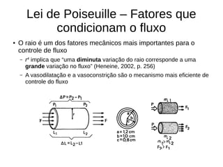 Lei de Poiseuille – Fatores que
condicionam o fluxo
● O raio é um dos fatores mecânicos mais importantes para o
controle de fluxo
– r4
implica que “uma diminuta variação do raio corresponde a uma
grande variação no fluxo” (Heneine, 2002, p. 256)
– A vasodilatação e a vasoconstrição são o mecanismo mais eficiente de
controle do fluxo
 