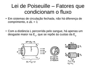 Lei de Poiseuille – Fatores que
condicionam o fluxo
● Em sistemas de circulação fechada, não há diferença de
comprimento, e ΔL = 1
● Com a distância L percorrida pelo sangue, há apenas um
desgaste maior na EC
, que se repõe às custas da Ep
 