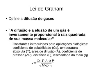 Lei de Graham
● Define a difusão de gases
● “A difusão e a efusão de um gás é
inversamente proporcional à raiz quadrada
de sua massa molecular”
– Constantes introduzidas para aplicações biológicas:
coeficiente de solubilidade (Cs), temperatura
absoluta (T), área de difusão (A), coeficiente de
pressão (∆P), distância (L), viscosidade do meio (η)
v=
Cs⋅T⋅A⋅Δ P
√M⋅L⋅η
 