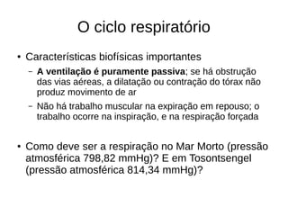 O ciclo respiratório
● Características biofísicas importantes
– A ventilação é puramente passiva; se há obstrução
das vias aéreas, a dilatação ou contração do tórax não
produz movimento de ar
– Não há trabalho muscular na expiração em repouso; o
trabalho ocorre na inspiração, e na respiração forçada
● Como deve ser a respiração no Mar Morto (pressão
atmosférica 798,82 mmHg)? E em Tosontsengel
(pressão atmosférica 814,34 mmHg)?
 