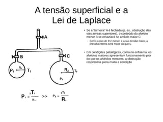 A tensão superficial e a
Lei de Laplace
● Se a “torneira” A é fechada (p. ex., obstrução das
vias aéreas superiores), o conteúdo do alvéolo
menor B se esvaziará no alvéolo maior C
– Como o raio de B é menor, e a sua tensão maior, a
pressão interna será maior do que C
● Em condições patológicas, como no enfisema, os
alvéolos maiores apresentam funcionamento pior
do que os alvéolos menores; a obstrução
respiratória piora muito a condição
 