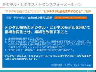 デジタル・ビジネス・トランスフォーメーション
経営や事業の視点／企業文化や体質の変革 デジタル・ビジネス・トランスフォーメーション
“デジタルを使うこと”ではなく “ビジネスや社会を変革すること” が目的
デジタル技術とデジタル・ビジネスモデルを用いて
組織を変化させ、業績を改善すること
1. 企業業績を改善することが目的。
2. デジタルを土台にした変革であること。組織を絶えず変化しているが1つ以上
のデジタル技術が大きな影響を及ぼしているものでなければ、デジタル・ビ
ジネストランスフォーメーションには分類されない。
3. プロセスや人、戦略など、組織の変化を伴うものであること。
デジタル・ビジネス・トランスフォーメーションにはテクノロジーよりもはるか
に多くのものが関与している。
「DX実行戦略（マイケル・ウェイドら）」 p.27
 