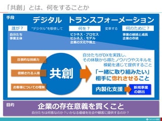 「共創」とは、何をすることか
31
デジタル トランスフォーメーション手段
企業の存在意義を貫くこと
自分たちは何者なのか？いかなる価値を社会や顧客に提供するのか？
目的
“デジタル”を駆使して 変革する誰が？ 何を？ 何のために？
自分たち
事業主体
事業の継続と成長
企業の存続
ビジネス・プロセス
ビジネス・モデル
企業の文化や風土
共創
圧倒的な技術力
信頼される人格
お客様についての理解
「一緒に取り組みたい」
相手に惚れさせること
内製化支援 新規事業
の創出
自分たちがDXを実践し、
その体験から得たノウハウやスキルを
模範を通じて提供すること
 