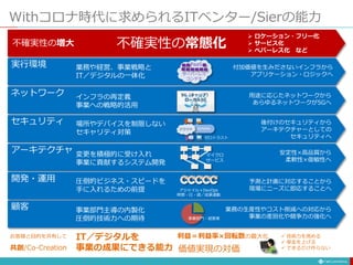 Withコロナ時代に求められるITベンター/Sierの能力
不確実性の増大 不確実性の常態化
実行環境 付加価値を生みださないインフラから
アプリケーション・ロジックへ
PaaS
サーバーレス
コンテナ
ネットワーク 用途に応じたネットワークから
あらゆるネットワークが5Gへ
5G（キャリア）
ローカル5G
セキュリティ 後付けのセキュリティから
アーキテクチャーとしての
セキュリティへ
社内NWクラウド
ゼロトラスト
アーキテクチャ 安定性×高品質から
柔軟性×俊敏性へ
マイクロ
サービス
開発・運用 予測と計画に対応することから
現場にニーズに即応することへアジャイル＋DevOps
時間・日・週／成果連動
顧客 業務の生産性やコスト削減への対応から
事業の差別化や競争力の強化へ事業部門・経営者
 ロケーション・フリー化
 サービス化
 ペパーレス化 など
価値実現の対価
利益＝利益率×回転数の最大化  技術力を高める
 単金を上げる
 できるだけ作らない
業務や経営、事業戦略と
IT／デジタルの一体化
インフラの再定義
事業への戦略的活用
場所やデバイスを制限しない
セキャリティ対策
変更を積極的に受け入れ
事業に貢献するシステム開発
圧倒的ビジネス・スピードを
手に入れるための前提
事業部門主導の内製化
圧倒的技術力への期待
IT／デジタルを
事業の成果にできる能力
お客様と目的を共有して
共創/Co-Creation
 