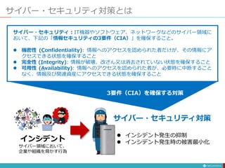 サイバー・セキュリティ対策とは
サイバー・セキュリティ：IT機器やソフトウェア、ネットワークなどのサイバー領域に
おいて、下記の「情報セキュリティの3要件（CIA）」を確保すること。
 機密性 (Confidentiality): 情報へのアクセスを認められた者だけが、その情報にア
クセスできる状態を確保すること
 完全性 (Integrity): 情報が破壊、改ざん又は消去されていない状態を確保すること
 可用性 (Availability): 情報へのアクセスを認められた者が、必要時に中断すること
なく、情報及び関連資産にアクセスできる状態を確保すること
 インシデント発生の抑制
 インシデント発生時の被害最小化インシデント
サイバー領域において、
企業や組織を脅かす行為
サイバー・セキュリティ対策
3要件（CIA）を確保する対策
 