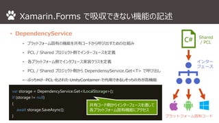 Xamarin.Forms で吸収できない機能の記述 
• DependencyService 
⁃ プラットフォーム固有の機能を共有コードから呼び出すための仕組み 
⁃ PCL / Shared プロジェクト側でインターフェースを定義 
⁃ 各プラットフォーム側でインタフェース実装クラスを定義 
⁃ PCL / Shared プロジェクト側からDependensyService.Get<T> で呼び出し 
⁃ ぶっちゃけPCL 化されたUnityContainer で代用できるしそっちの方が高機能 
var storage = DependencyService.Get<ILocalStorage>(); 
If (storage != null) 
{ 
await storage.SaveAsync(); 
} 
共有コード側からインターフェースを通して 
各プラットフォーム固有機能にアクセス 
Shared 
/ PCL 
インター 
フェース 
プラットフォーム固有コード 
 