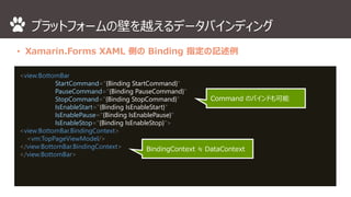 プラットフォームの壁を越えるデータバインディング 
• Xamarin.Forms XAML 側のBinding 指定の記述例 
<view:BottomBar 
StartCommand="{Binding StartCommand}" 
PauseCommand="{Binding PauseCommand}" 
StopCommand="{Binding StopCommand}" 
IsEnableStart="{Binding IsEnableStart}" 
IsEnablePause="{Binding IsEnablePause}" 
IsEnableStop="{Binding IsEnableStop}"> 
<view:BottomBar.BindingContext> 
<vm:TopPageViewModel/> 
</view:BottomBar.BindingContext> 
</view:BottomBar> 
Command のバインドも可能 
BindingContext ≒ DataContext 
 