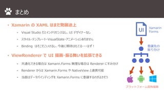 まとめ 
• Xamarin のXAML はまだ発展途上 
⁃ Visual Studio だとインテリセンスなし、UI デザイナーなし 
⁃ スタイル・テンプレート・VisualState・アニメーションありません 
⁃ Binding はそこそこいけるし、今後に期待はもてる・・・はず！ 
• ViewRenderer でUI 描画・振る舞いを拡張できる 
⁃ 共通化できる場合はXamarin.Forms 無理な場合はRenderer にすみ分け 
⁃ Renderer からはXamarin.Forms やNativeView と連携可能 
⁃ 当面はデータバインディングをXamarin.Forms に委譲するのがよさそう 
Xamarin 
Forms 
委譲先の 
振り分け 
プラットフォーム固有描画 
