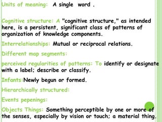 Units of meaning:  A single  word .   Cognitive structure: A  "cognitive structure," as intended here, is a persistent, significant class of patterns of organization of knowledge components. Interrelationships:  Mutual or reciprocal relations. Different map segments: perceived regularities of patterns: To  identify or designate with a label; describe or classify. Infants: Newly begun or formed. Hierarchically structured: Events pepenings: Objects Things:  Something perceptible by one or more of the senses, especially by vision or touch; a material thing. 