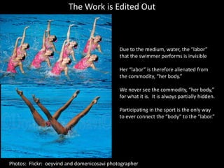 The Work is Edited OutDue to the medium, water, the “labor” that the swimmer performs is invisibleHer “labor” is therefore alienated from the commodity, “her body.”We never see the commodity, “her body,” for what it is.  It is always partially hidden.Participating in the sport is the only way to ever connect the “body” to the “labor.”Photos:  Flickr:  oeyvind and domenicosavi photographer