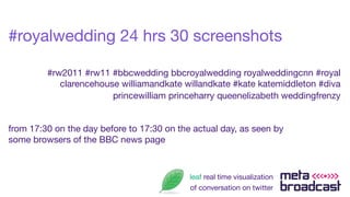#royalwedding 24 hrs 30 screenshots

         #rw2011 #rw11 #bbcwedding bbcroyalwedding royalweddingcnn #royal
            clarencehouse williamandkate willandkate #kate katemiddleton #diva
                        princewilliam princeharry queenelizabeth weddingfrenzy


from 17:30 on the day before to 17:30 on the actual day, as seen by
some browsers of the BBC news page



                                            leaf real time visualization
                                            of conversation on twitter
 