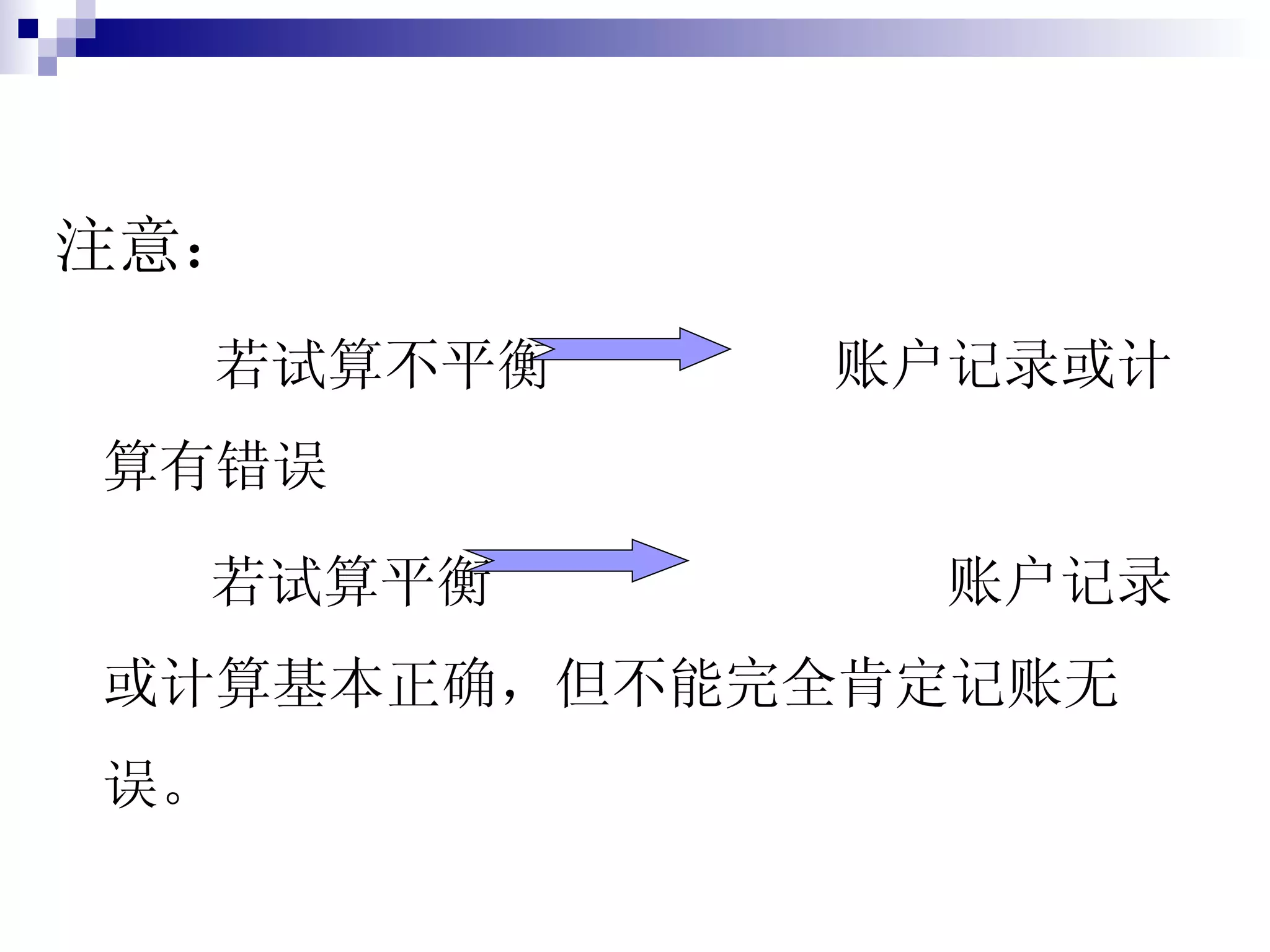 注意： 若试算不平衡   账户记录或计算有错误 若试算平衡  账户记录或计算基本正确，但不能完全肯定记账无误。 