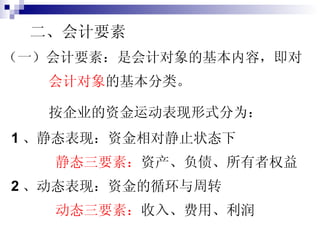 二、会计要素 （一）会计要素： 是会计对象的基本内容，即对 会计对象 的基本分类。 按企业的资金运动表现形式分为： 1 、静态表现：资金相对静止状态下 静态三要素： 资产、负债、所有者权益 2 、动态表现：资金的循环与周转 动态三要素： 收入、费用、利润 