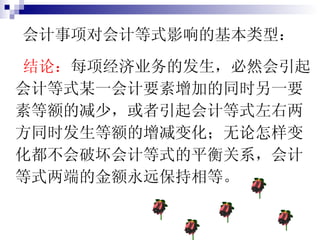 会计事项对会计等式影响的基本类型： 结论： 每项经济业务的发生，必然会引起会计等式某一会计要素增加的同时另一要素等额的减少，或者引起会计等式左右两方同时发生等额的增减变化；无论怎样变化都不会破坏会计等式的平衡关系，会计等式两端的金额永远保持相等。 