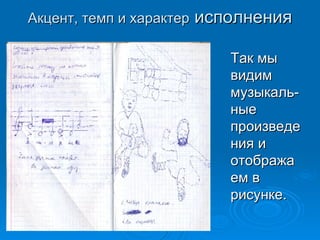 Акцент, темп и характер  исполнения Так мы видим музыкаль-ные произведения и отображаем в рисунке. 