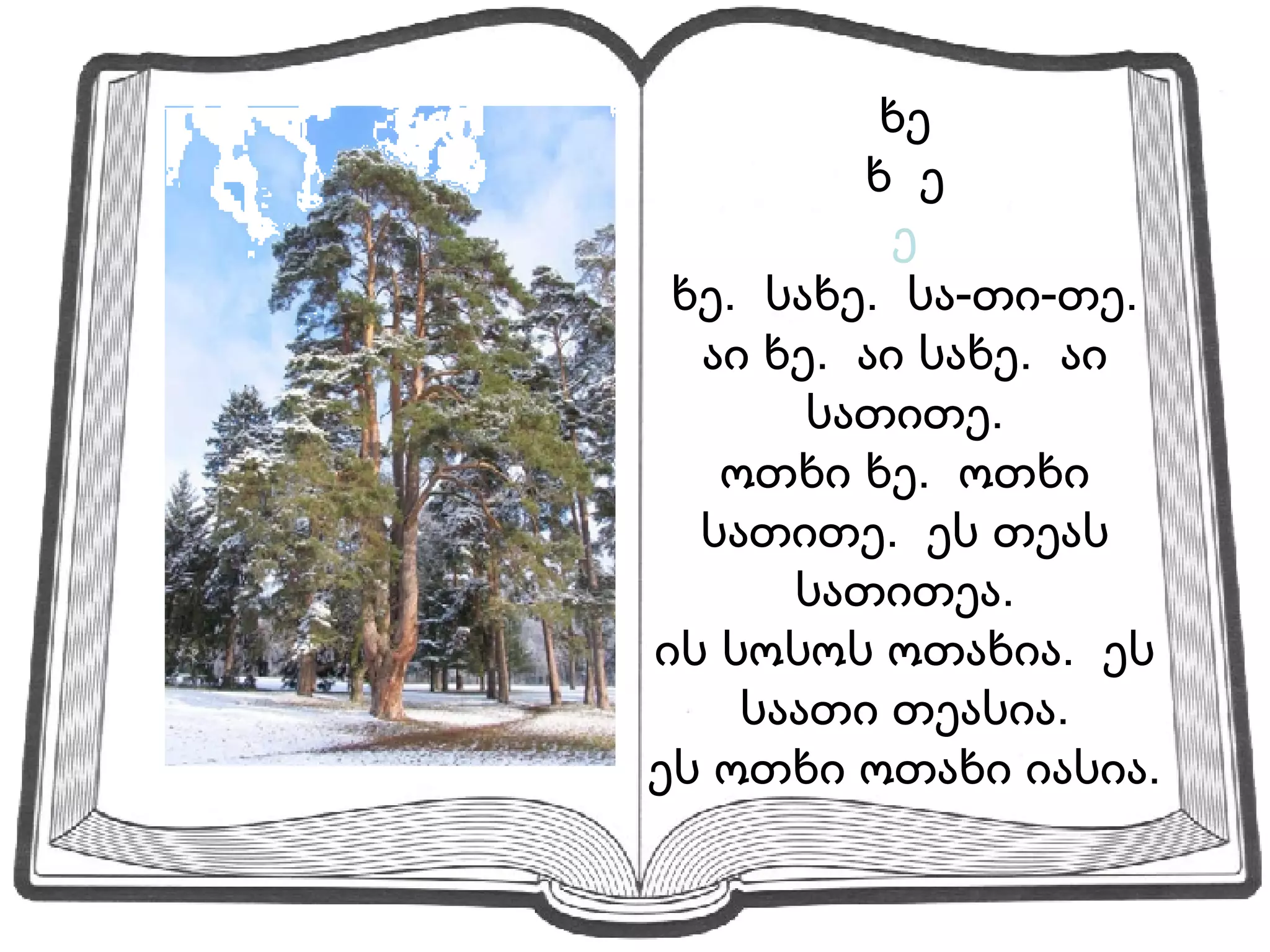 ხე ხ  ე ე ხე.  სახე.  სა-თი-თე. აი ხე.  აი სახე.  აი სათითე. ოთხი ხე.  ოთხი სათითე.  ეს თეას სათითეა. ის სოსოს ოთახია.  ეს საათი თეასია. ეს ოთხი ოთახი იასია. 