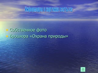 Собственное фото Брошюра «Охрана природы»  Информация и картинки взяты из: 