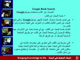 Google Book Search    البحــث عن  كتاب باستخدام جوجل Google  <ul><ul><ul><li>خدمة البحث عن كتاب  Book Search   </li></ul><...