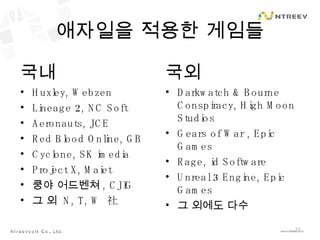애자일을 적용한 게임들 국내 Huxley, Webzen Lineage 2, NC Soft Aeronauts, JCE Red Blood Online, GB Cyclone, SK imedia Project X, Maiet 쿵야 어드벤쳐 , CJIG 그 외  N, T, W  社 국외 Darkwatch & Bourne Conspiracy, High Moon Studios Gears of War , Epic Games Rage, id Software Unreal 3 Engine, Epic Games 그 외에도 다수 