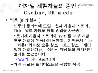 애자일 체험자들의 증언 : Cyclone, SK imedia 적용 (9 개월째 ) 모두의 동의하에 도입 .  현재 사용자 스토리 , TDD,  빌드 자동화 등의 방법을 사용중 . " 초기에 사용자 스토리와  TDD 를 내부 개발 도구 개발에 적용하여 보았고 ,  기획문서 감소 ,  커뮤니케이션 오류 감소 ,  버그 감소 ,  재미있게 개발하기 (?),  생산성 향상들의 긍정적인 효과를 보았습니다 .“ 임영기 ,  서버 프로그래머 계속 새로운 프랙티스들을 시행할 예정 . 