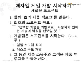 애자일 게임 개발 시작하기 : 새로운 프로젝트 함께 ‘초기 제품 백로그’를 만든다 . 최초의 스프린트 목표 : “ 선택한 기술을 기반으로 ,  사용자가 원하는 기능의 핵심을 선보일 것 .” 개발팀은 스프린트를 시작한다 . (2~4 주 ) 일일 스크럼 회의 테스트 주도 개발 그 동안 제품 소유주와 고객은 제품 백로그를 만들어낸다 . 