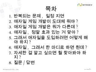 목차 반복되는 문제 ,  일정 지연 애자일 게임 개발이 도대체 뭐야 ? 애자일 게임 개발은 뭐가 다른데 ? 애자일 ,  정말 효과 있는 거 맞아 ? 그래서 애자일을 도입하려면 어떻게 해야 하지 ? 애자일 ,  그래서 한 마디로 하면 뭔데 ? 자세한 걸 알고 싶으면 뭘 찾아봐야 하지 ? 질문 / 답변 
