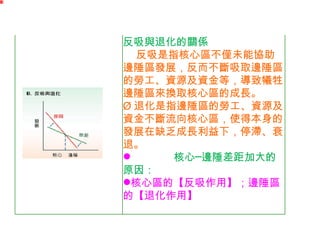 反吸與退化的關係  反吸是指核心區不僅未能協助邊陲區發展，反而不斷吸取邊陲區的勞工、資源及資金等，導致犧牲邊陲區來換取核心區的成長。 Ø 退化是指邊陲區的勞工、資源及資金不斷流向核心區，使得本身的發展在缺乏成長利益下，停滯、衰退。             核心─邊陲差距加大的原因： 核心區的【反吸作用】；邊陲區的【退化作用】   