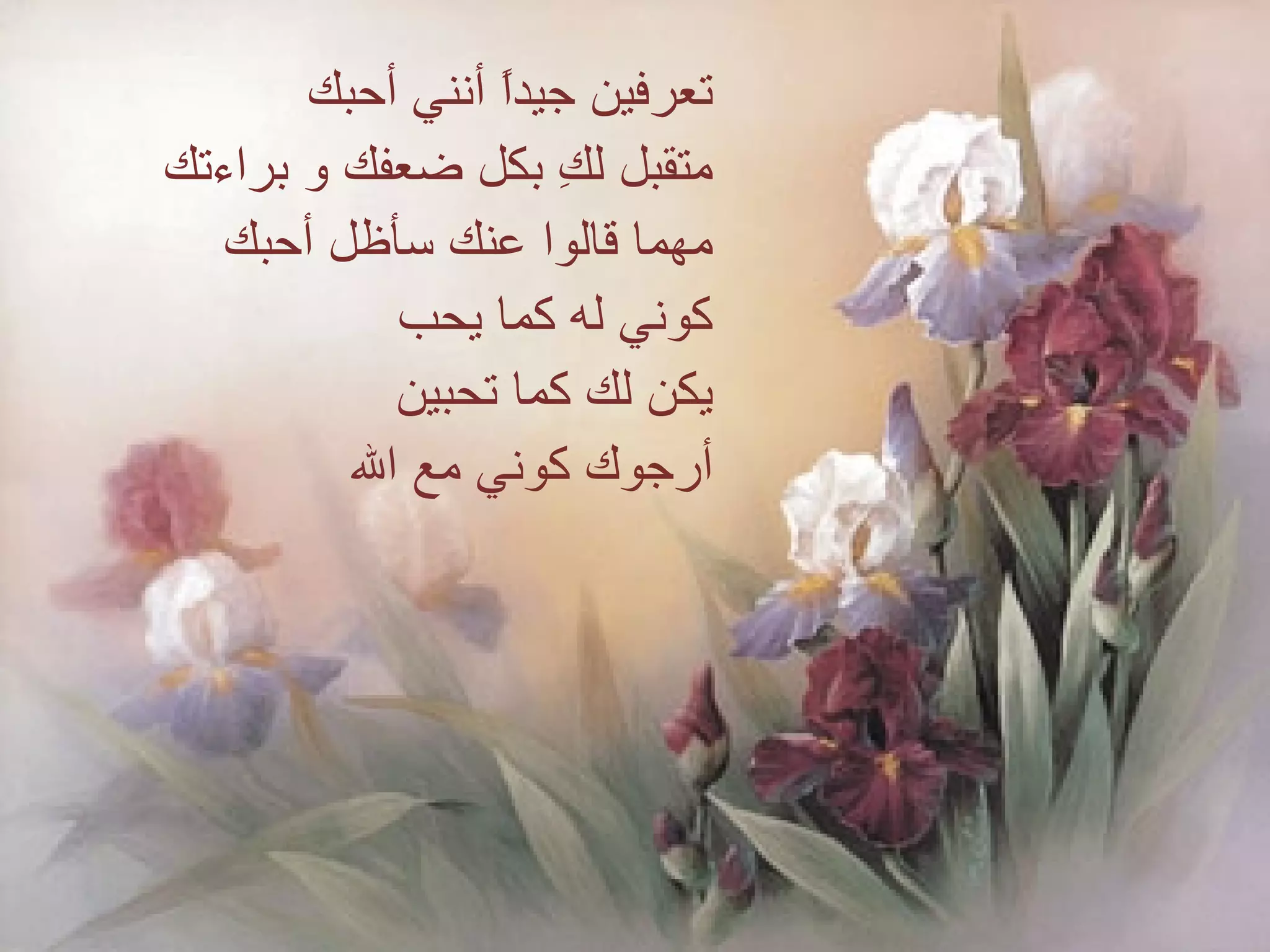 تعرفين جيداً أنني أحبك متقبل لكِ بكل ضعفك و براءتك مهما قالوا عنك سأظل أحبك كوني له كما يحب يكن لك كما تحبين أرجوك كوني مع الله  