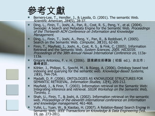 īI Berners-Lee, T., Hendler, J., & Lassila, O. (2001). The semantic Web.  Scientific American, 284 (5), 28-37. Ding, L., Finin, T., Joshi, A., Pan, R., Cost, R. S., Peng, Y., et al. (2004). Swoogle: A Search and Metadata Engine for the Semantic Web.  Proceedings of the Thirteenth ACM Conference on Information and Knowledge Management . Ding, L., Finin, T., Joshi, A., Peng, Y., Pan, R., & Reddivari, P. (2005). Search on the Semantic Web.  Computer, 38 (10), 62-69. Finin, T., Mayfield, J., Joshi, A., Cost, R. S., & Fink, C. (2005). Information Retrieval and the Semantic Web.  System Sciences, 2005. HICSS'05. Proceedings of the 38th Annual Hawaii International Conference on , 113a-113a. Grigoris Antoniou, F. v. H. (2006).  ZWgՓ   (   ed.).  ̨ :  YӍ . K?hler, J., Philippi, S., Specht, M., & Regg, A. (2006). Ontology based text indexing and querying for the semantic web.  Knowledge-Based Systems, 19 (8), 744-754. Madalli, D. P. (2006). ONTOLOGIES AS KNOWLEDGE STRUCTURES FOR SEMANTIC RETRIEVAL.  Information Studies, 12 (4), 205-212. Mayfield, J., & Finin, T. (2003). Information retrieval on the Semantic Web: Integrating inference and retrieval.  SIGIR Workshop on the Semantic Web, Toronto, 1 . Shah, U., Finin, T., & Joshi, A. (2002). Information retrieval on the semantic web.  Proceedings of the eleventh international conference on Information and knowledge management , 461-468. Yufei, L., Yuan, W., & Xiaotao, H. (2007). A Relation-Based Search Engine in Semantic Web,  IEEE Transactions on Knowledge & Data Engineering  (Vol. 19, pp. 273-281). 