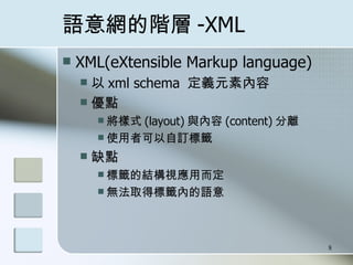 ZWA -XML XML(eXtensible Markup language)  xml schema  xԪ؃ c ʽ (layout) c (content) x ʹ߿ӆ˻` ȱc ˻`ĽYҕö oȡØ˻`ȵZ 