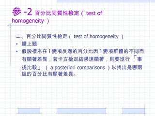  -2 ٷֱͬ|ԙz test of homogeneity  ٷֱͬ|ԙz test of homogeneity  m} Oӱ I ׃헷İٷֱ J ׃ȺwĲͬ@zY_@tҪM  ^   a posteriori comparisons ҳăɽMİٷֱ@ 