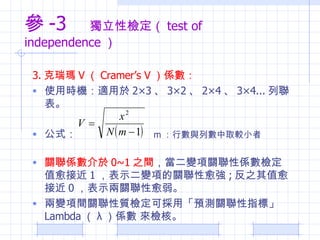  -3  ԙz test of independence  3.  V  Cramers V S ʹÕrCm 23  32  24  34...  ʽ  m ДcДȡ^С  PS 0~1 ֮g ׃PԂSzֵӽ 1 ʾ׃헵P ; ֵ֮ӽ 0 ʾP ׃gP|zɒáAyPָˡ Lambda   S zˡ 