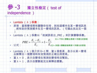  -3  ԙz test of independence  Lambda   S ԭ׃gPڕrt֪ӱĳһ׃ӍϢAyӱһ׃헵ӍϢɽҳһ Lambda   Sԡp` ,PRE ӋPS E1= ֪ X ׃ȥAy Y a`   ʽ  E2= ֪ X ׃ֱAy Y a` Lambda   ֵ 0~1 g  ֵߣʾĳһ׃ȥһ׃헕rЧAy_ߡ    0 ʾ׃Ay׃헕r]    1 ʾ׃ȫ׃ 