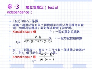  -3  ԙz test of independence  Tau(Tau-y) S xm춮 X c Y ׃헿ԅ^֞ηN׃헡ηN׃헣ǌQʽ׃헣rʹá Kendalls tau-b ֵ   P һµ䌦M  Q һµ䌦M  b =   RC У R  C қ]һ߅Δ 0 t  b   ֵܽ -1~1 ֮g Kendalls tau-c ֵ  c = 