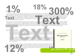 Development plan Quisque augue felis, commodo a, elementum id, faucibus id, sem. Aenean rutrum enim. Praesent pulvinar dignissim nisl. Cras a nunc. Donec tincidunt odio sit amet lacus. Pellentesque metus tortor, ullamcorper vitae, lobortis vel, euismod in, mi. Ut laoreet, tellus laoreet blandit mollis, massa purus posuere purus, quis molestie ligula massa eu metus. Duis placerat, nulla sit amet ornare interdum, neque nunc mollis leo, vitae porttitor mi orci sit amet neque. Donec at enim. In facilisis tellus gravida ligula. Phasellus ut lorem. Pellentesque ac tortor eget augue suscipit ullamcorper. Aenean eleifend porta orci.  Etiam at arcu. Vestibulum lacinia nunc in eros. Suspendisse potenti. Aliquam erat volutpat. Donec gravida. Lorem ipsum dolor sit amet, consectetuer adipiscing elit. Cum sociis natoque penatibus et magnis dis parturient montes, nascetur ridiculus mus. Maecenas vel enim et metus semper fringilla. Donec ornare arcu. Maecenas faucibus ligula convallis nibh. Mauris dui quam, congue eu, commodo nec, tristique in, enim. Nulla auctor semper urna. Quisque a elit eu purus iaculis vestibulum. Aliquam dictum risus at odio. Fusce at lorem et elit faucibus placerat. Aenean velit. Proin elit odio, blandit et, scelerisque quis, pulvinar a, dui. Nunc magna dolor, bibendum ut, accumsan congue, tincidunt sit amet, neque. Proin consequat tincidunt lacus. In urna dui, congue nec, tincidunt sit amet, facilisis imperdiet, lorem.  Morbi sed nibh. Vivamus vitae dolor. Ut bibendum volutpat mi. Pellentesque quis magna non lectus elementum pretium. Aliquam quis est vitae arcu consequat fringilla. Cras magna risus, placerat eget, egestas consectetuer, ornare vel, felis. Nam ornare justo id orci mattis ultricies. Morbi luctus. Ut pretium odio ac libero. Nunc sollicitudin pharetra lorem. Aenean spenatibus celerisque, lacus eget ullamcorper scelerisque, ipsum urna viverra mi, eget viverra quam eros eget velit. Ut lacinia feugiat purus. Cum sociis natoque et magnis dis parturient montes, nascetur ridiculus mus. Etiam nunc nisl, aliquam blandit, luctus id, commodo laoreet, sem. Phasellus sit amet orci ut sapien vulputate pellentesque. Pellentesque dapibus purus et quam. Nam sit amet magna in neque dignissim sodales. Aenean non justo nec magna lobortis volutpat.  Strategy Lorem ipsum dolor sit amet, consectetuer adipiscing elit. Cras in tortor. Sed posuere erat. Maecenas pulvinar nulla eu magna. Vivamus semper, risus ut egestas pulvinar, lectus ante feugiat quam, sit amet congue odio lacus ac ipsum. Aliquam suscipit, est ut volutpat vulputate, nulla felis pulvinar libero, non ornare libero ipsum tristique tortor. Fusce sed lorem vitae justo feugiat malesuada. Donec aliquet. Vivamus semper eros nec diam. Vivamus sem arcu, imperdiet nec, congue ac, scelerisque vel, nulla. Donec et mauris. Integer a nulla vulputate pede consequat euismod. Praesent molestie urna nec leo. Proin eros. Maecenas ac sem nec dui sodales tempus. Maecenas suscipit egestas velit. Suspendisse vel tortor. Proin imperdiet, sem nec aliquet ultrices, nunc est egestas eros, non hendrerit magna eros eget augue. Maecenas sed leo vitae leo faucibus vulputate. Proin dignissim eros at augue.  Nam luctus nulla non nibh. Nam at lorem ac mauris laoreet viverra. In placerat consequat nunc. Donec rhoncus nunc ac urna. Integer vestibulum condimentum orci. Fusce velit turpis, malesuada quis, scelerisque ut, eleifend vitae, ipsum. Vestibulum eu erat. Vestibulum justo nisl, tincidunt et, semper vel, tristique quis, eros. Vestibulum tempus, massa vel consectetuer congue, erat magna consequat purus, a facilisis orci nibh vitae purus. Nam tincidunt venenatis ligula. Nunc orci nulla, ornare quis, lobortis viverra, dapibus at, turpis. Suspendisse sit amet nisl at enim tincidunt blandit. Curabitur augue est, suscipit sed, egestas sit amet, vehicula vitae, tellus. Maecenas nec metus vel nisi interdum pellentesque.   Words Text Text Text 18% 300% 12% 1% هل من خلال وسائل غير مناسبه 