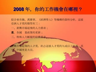 2008 年，你的工作機會在哪裡？ 綜合麥肯錫、萬寶華、《經濟學人》等機構的資料分析，這波亞洲人才荒的類型有三： 一、新興市場起飛的人力需求； 二，各國產業政策的更新； 三，特殊人力斷層的結構需求。 新興市場起飛的人才荒，約占這波人才荒的九成以上因素，其中，中國更是大宗。   