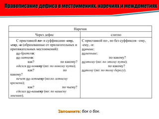 Правописание дефиса в местоимениях, наречиях и междометиях   Запомните:   бок о бок.   Наречия Через дефис слитно С приставкой  по-  и суффиксами  -ому, -ему ,  -и  (образованные от прилагательных и притяжательных местоимений): по -братск и ; по -латын и ; как?  по какому? оделся  по -нов ому  (но:  по новому пути ); как?  по какому? печет  по -летн ему  (но: по летнему времени ); как?  по чьему? сделал  по -ваш ему  (но:  по вашему мнению ). С приставкой по-, но без суффиксов –ому, -ему, -и: по выше; по меньше; по какому? по этому  (но:  по этому пути ); по какому? по тому  (но:  по тому берегу ). 