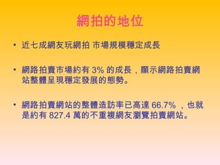 網拍的地位 近七成網友玩網拍 市場規模穩定成長 網路拍賣市場約有 3% 的成長，顯示網路拍賣網站整體呈現穩定發展的態勢。 網路拍賣網站的整體造訪率已高達 66.7% ，也就是約有 827.4 萬的不重複網友瀏覽拍賣網站。 