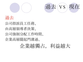 過去   VS   現在 過去 公司指派員工任務、 由高層領導者決策、 公司強制分配工作時間、 企業高層關起門溝通、 企業越獨占，利益越大 