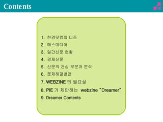 1.  한경닷컴의 니즈 2.  매스미디어 3.  일간신문 현황 4.  경제신문 5.  신문의 관심 부분과 분석 6.  문제해결방안 7.  WEBZINE 의 필요성 8.  PIE 가 제안하는  webzine “Dreamer” 9. Dreamer Contents Contents 